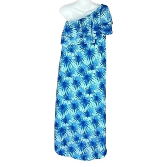 Vineyard Vines Electric Palm One Shoulder Ruffle High Low Dress Aqua NWT - Picture 6 of 13